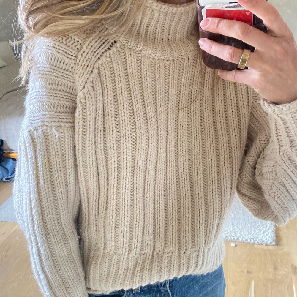 Cropped rib turtleneck cream beige thick medium